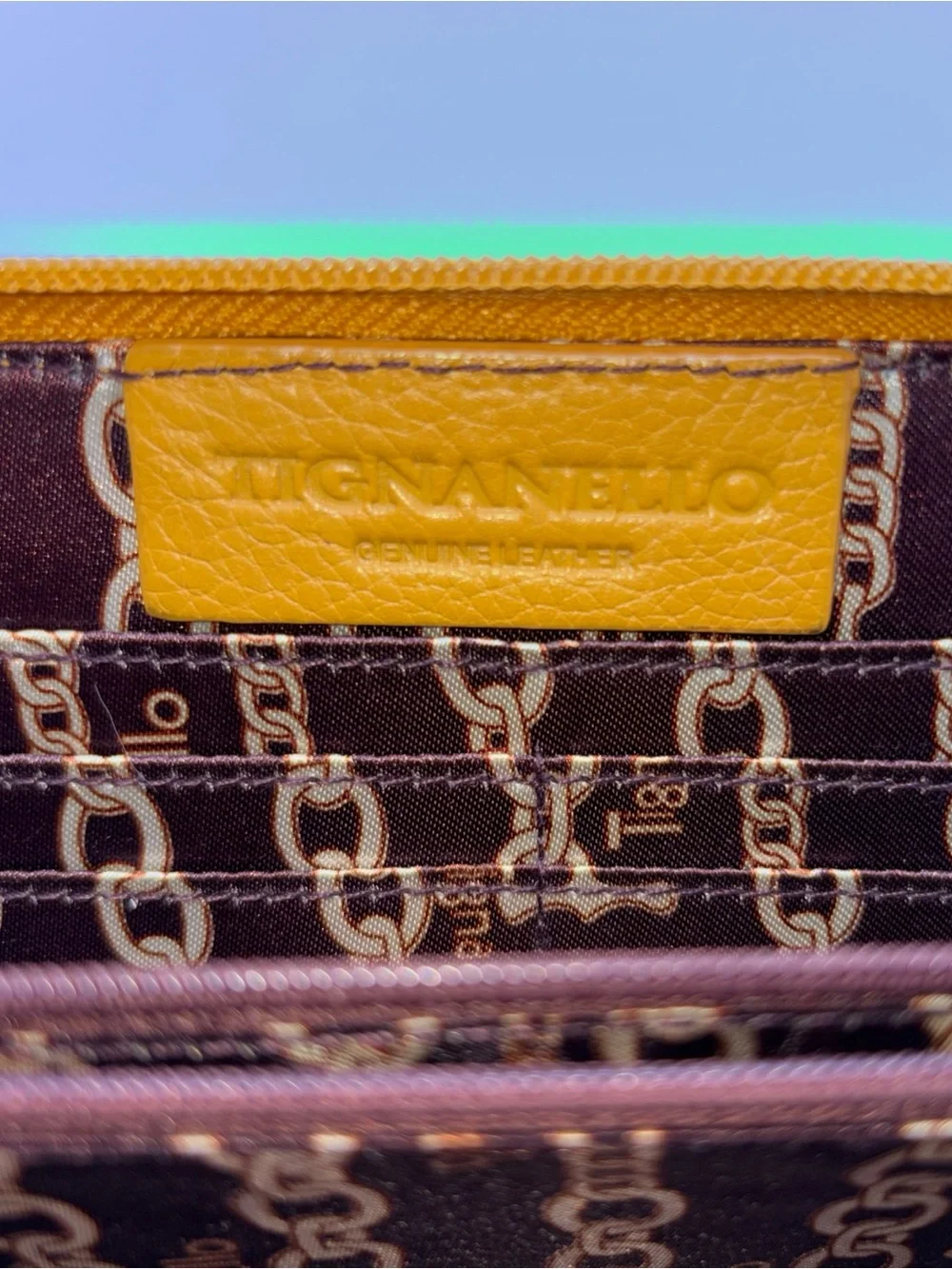 TIGNANELLO Leather Wallet Mustard Yellow Zip Around Multi Slot Clutch Pockets